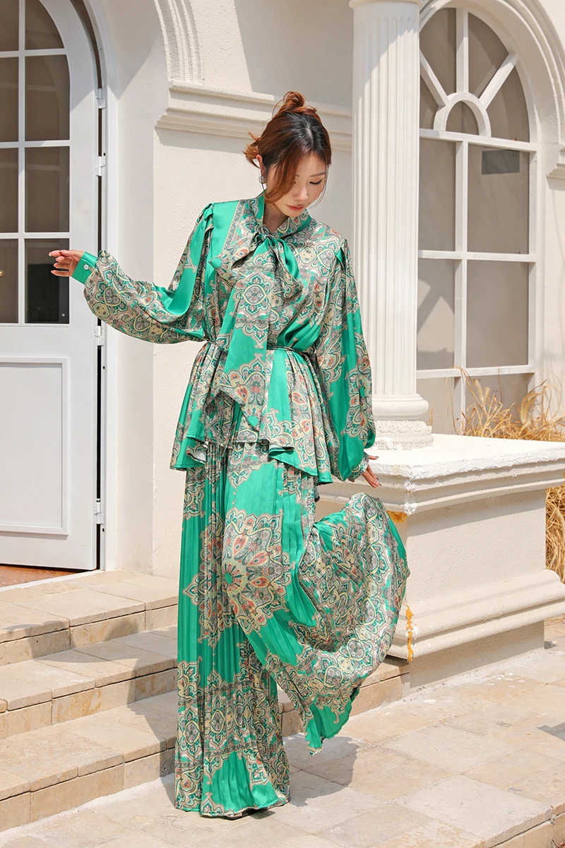 2025 New Elegant For Women Print Casual Loose Lace-up Batwing Sleeve Tops Wide Leg Pants 2 Pieces Suit Fashion Female Tracksuit