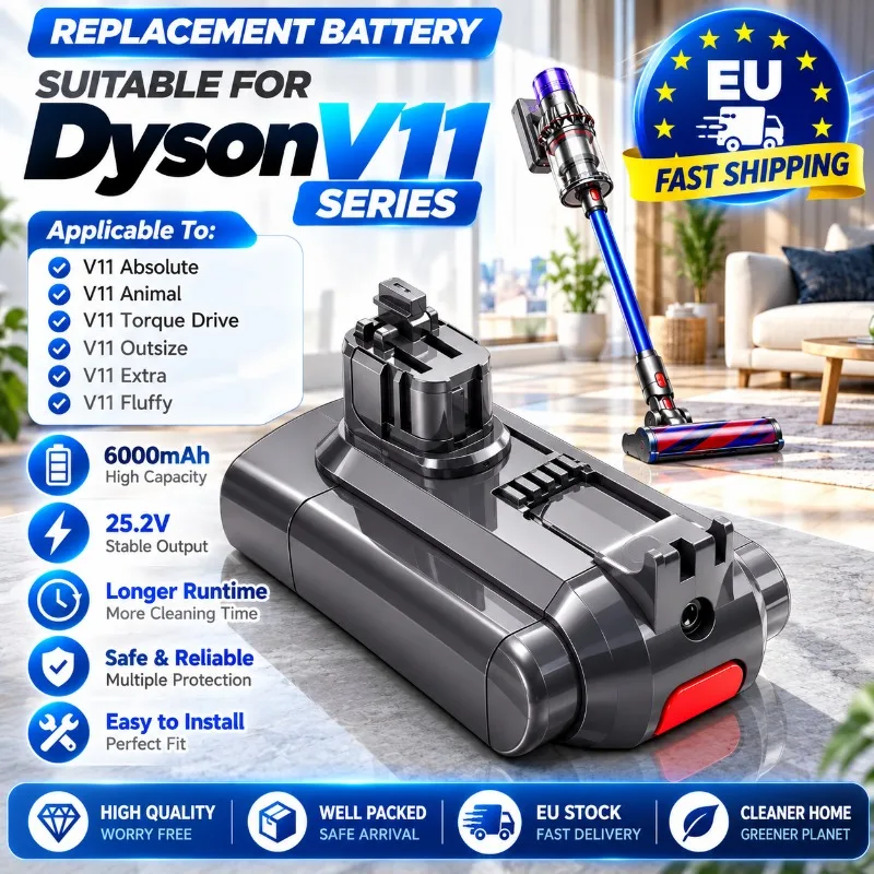 Image of Hochkapazitäts-25,2-V-6000-mAh-wiederaufladbarer Li-Ionen-Akku für Dyson V11 SV15 SV16 SV17 SV18 SV22, V11 Animal Fluffy Staubsauger Ersatzakku EU-Lager Schneller Versand