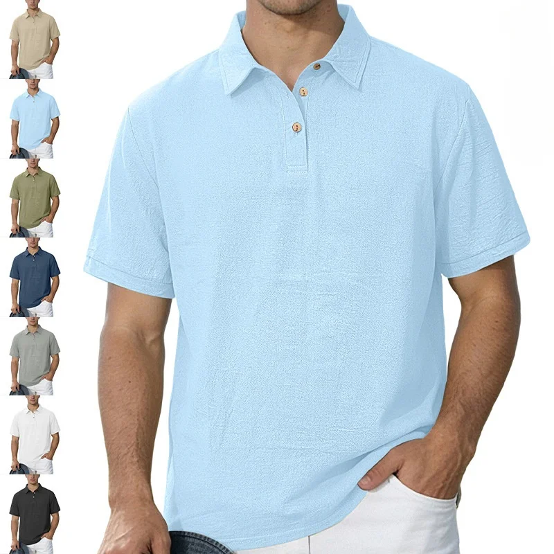 Men's Linen‑Look Wrinkle Polo Shirt Short Sleeve Turn‑Down Collar Button Placket Casual Summer Tops