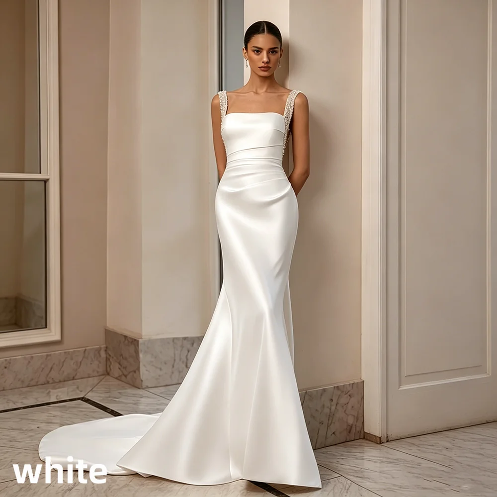 Satin Mermaid Wedding Dress Beaded Strap Square Neck V Back Detachable Overskirt Bridal Gown For Wedding Elopement Shoot 2026