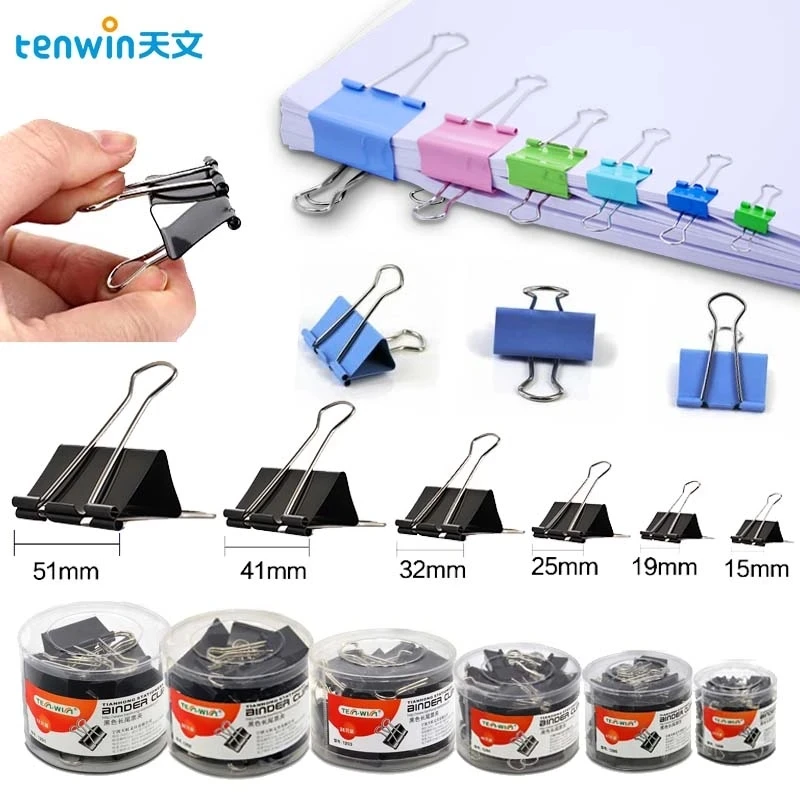 Tenwin 15mm 19mm 25mm 32mm Metal Clamp Paper Binder Clips Bookmark Clips Memo Clip Student School Office Supplies Document Clips