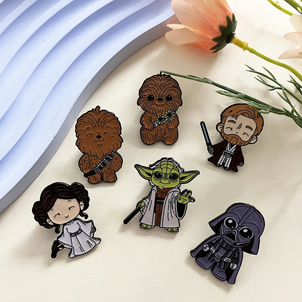 6pcs Star Wars Enamel Pin Set - Cute Monster Brooches including Darth Vader the Mandalorian Leia Organa Solo Metal Badges