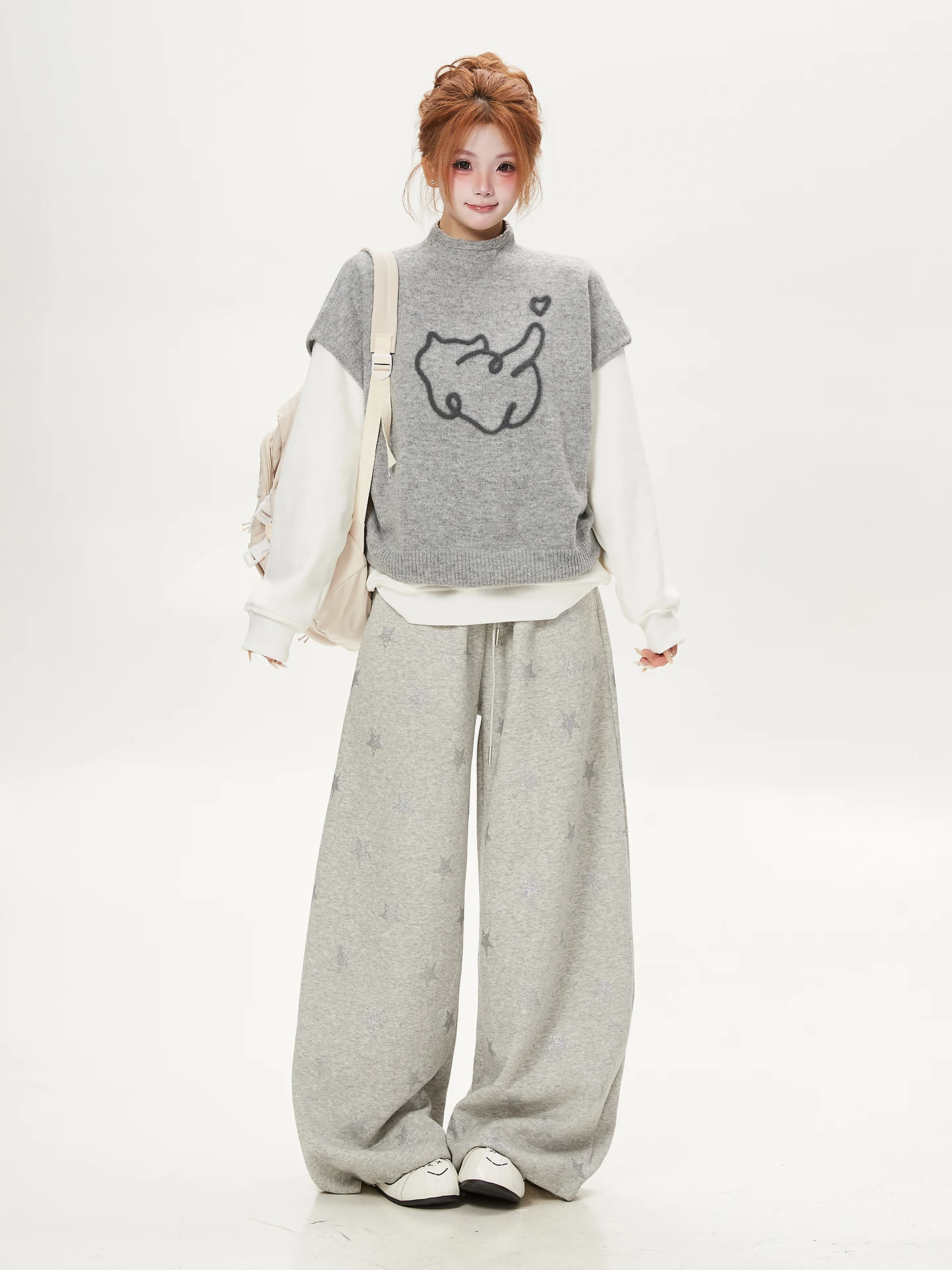 Gray Cartoon Patterned Sleeveless Knitted Sweater Women's Style Loose Fit Casual Leisure Ant Themed Vest Easy to Wear