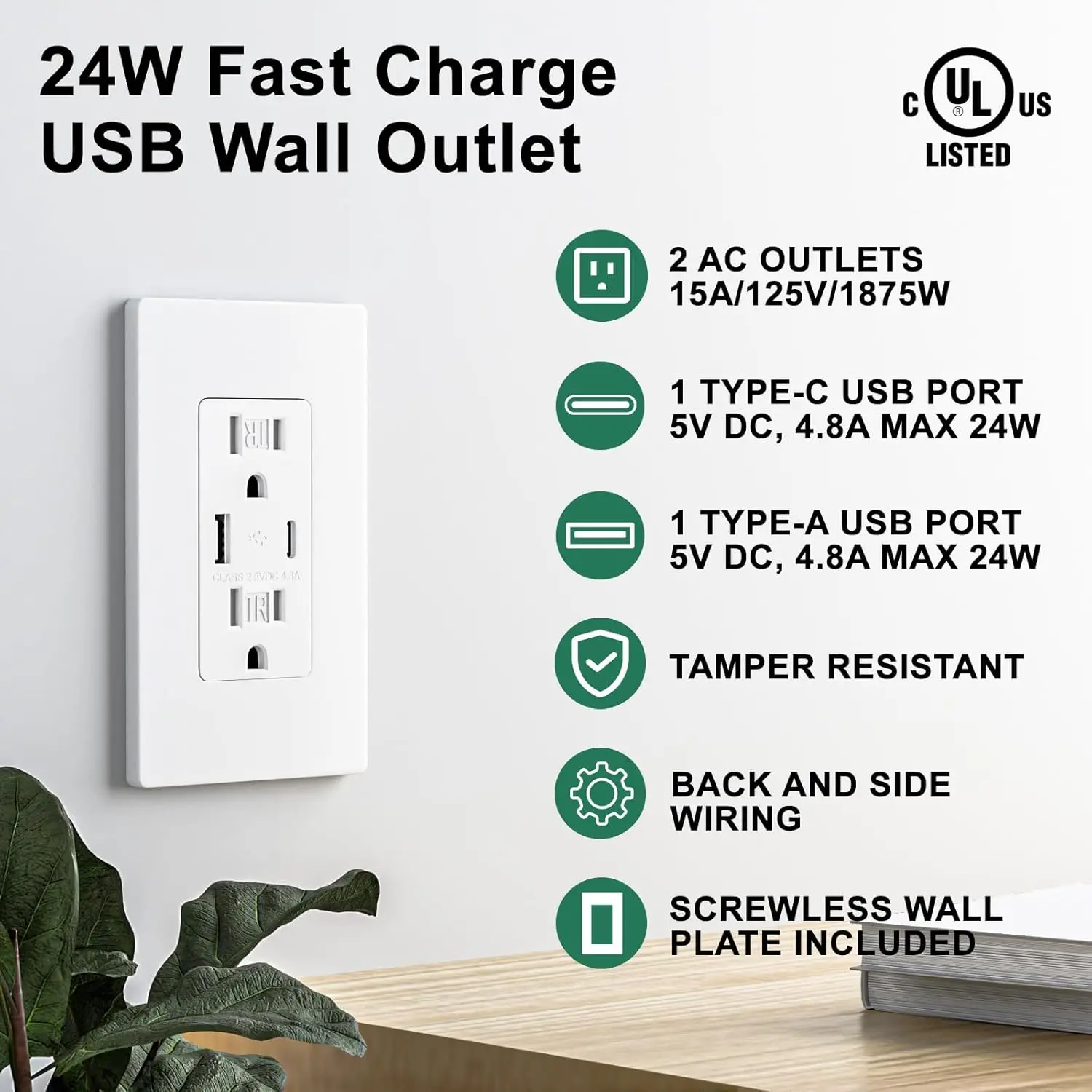 10 Pack - BRILLTECH USB Outlet, Wall Outlet with Type C & Type A Ports, 15 Amp Receptacle Plug, Tamper-Resistant Receptacle