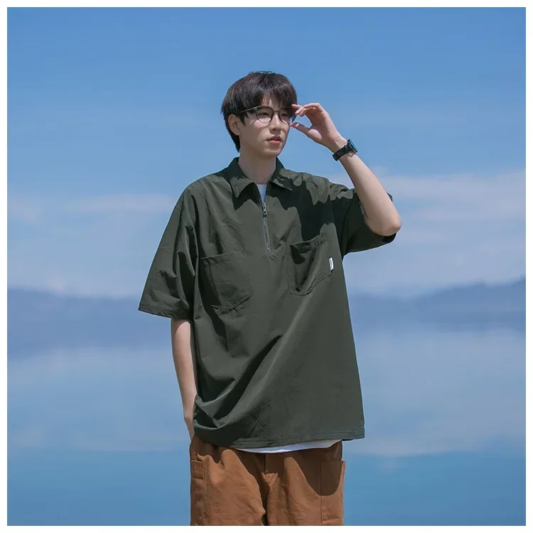 Vintage Half Zip Shirt for Men Japanese Vintage Polo Neck T-shirt Loose Casual Work Shirt with Half Sleeves Men Clothing Shirt