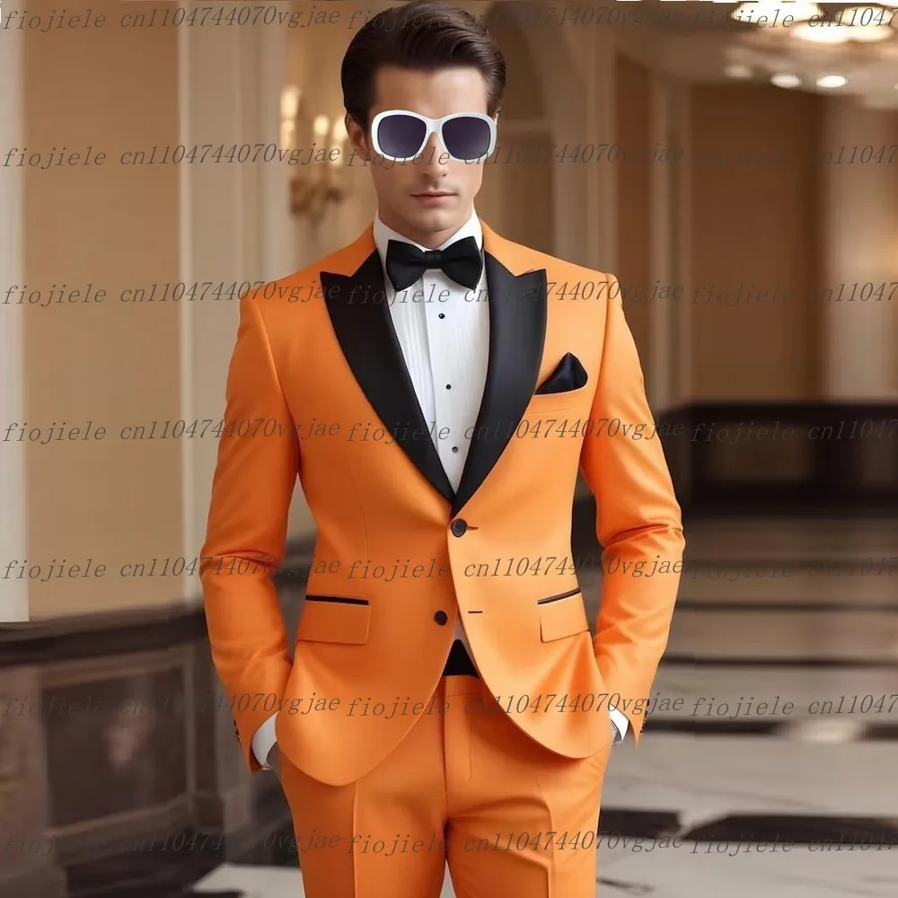 

Black Collar Orange Formal Men Suit Wedding Party Groom Groomsman Business Prom Male Tuxedos Customize 2 Piece Set Jacket Pants