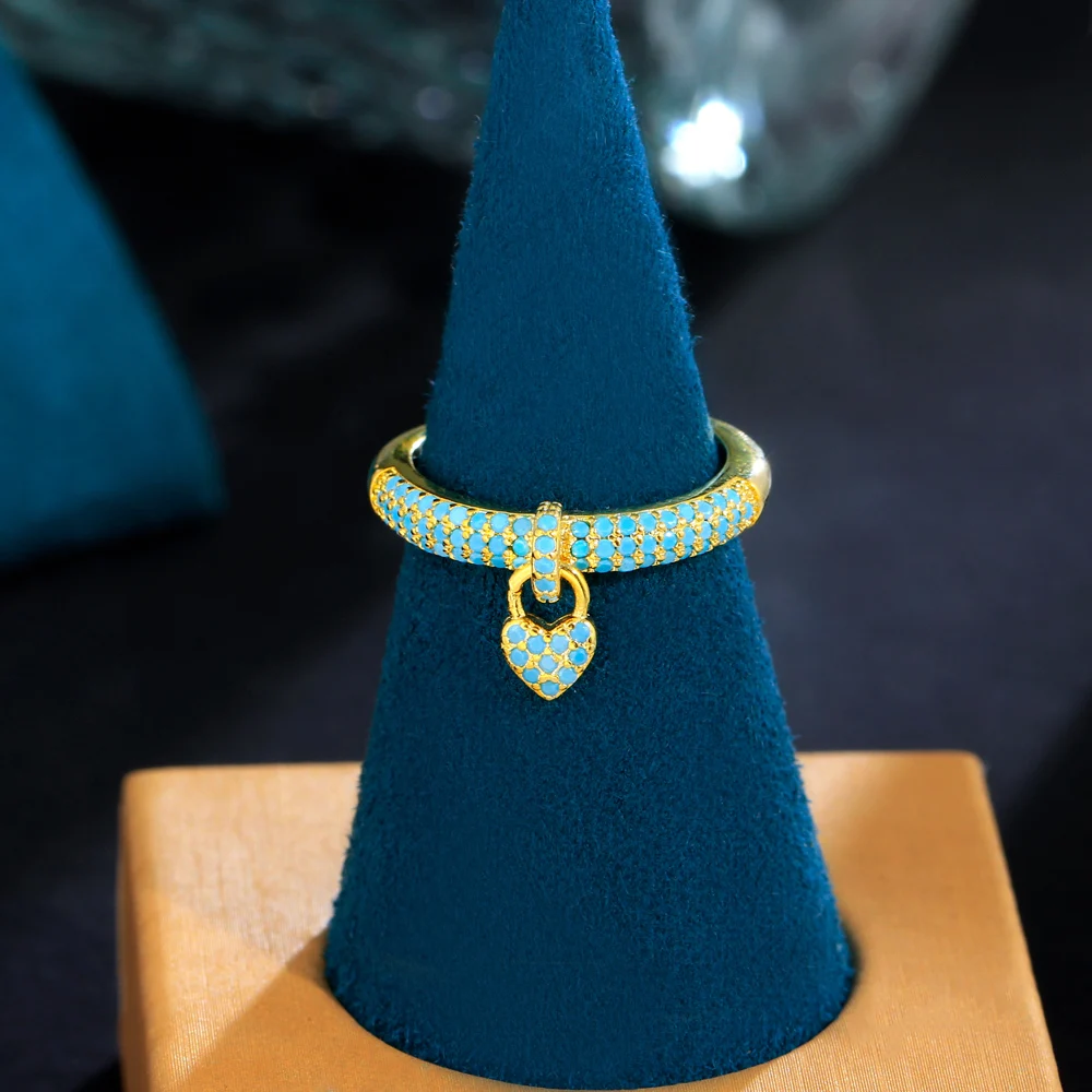 ThreeGraces New Trendy Light Blue Cubic Zirconia Gold Color Open Size Small Heart Charm Ring for Women Chic Party Jewelry R308