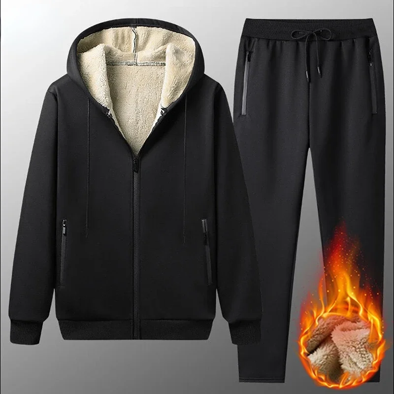 

Winter New Mens Casual Two Pieces Set Thick Warm Cashmere Tracksuit Men Outerwear Fleece Mens Outfit Set Hooded Jacket and Pants