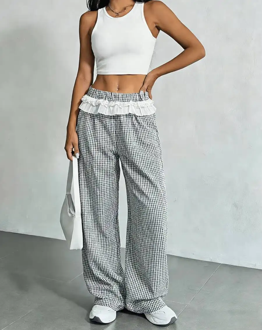 Women Plaid Wide Leg Pants Ruffle Elastic High Waist Loose Cropped Trousers Casual Check Capri Pants
