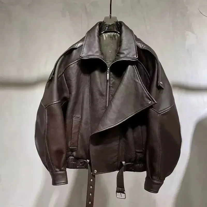 Dámská nadměrná kožená bunda z jehněčí kůže, volná, motocyklový styl, svrchní oblečení na začátku podzimu, jednoduchý design, luxusní nová, horká výprodej - náhled 2