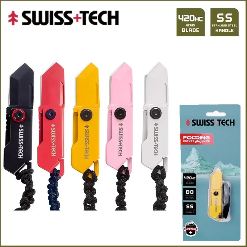 SWISS TECH Small Folding Knife Keychain Mini Pocket Knives For self-defense EDC Utility Box Cutter Gadgets Portable Rope Lanyard