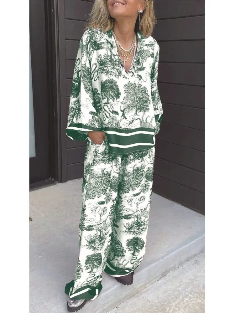 Camisa de manga larga para mujer, traje informal holgado con estampado Vintage y cuello en V, pantalones de pierna ancha, conjunto de 2 piezas para