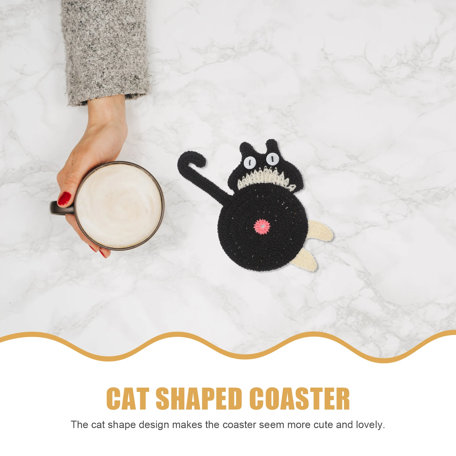 

Cat Shape Black Knitted for Desk Coaster Coffee Tea Cups Kawaii Desk Kitchen Decor Reusable Heat Insulated Mat