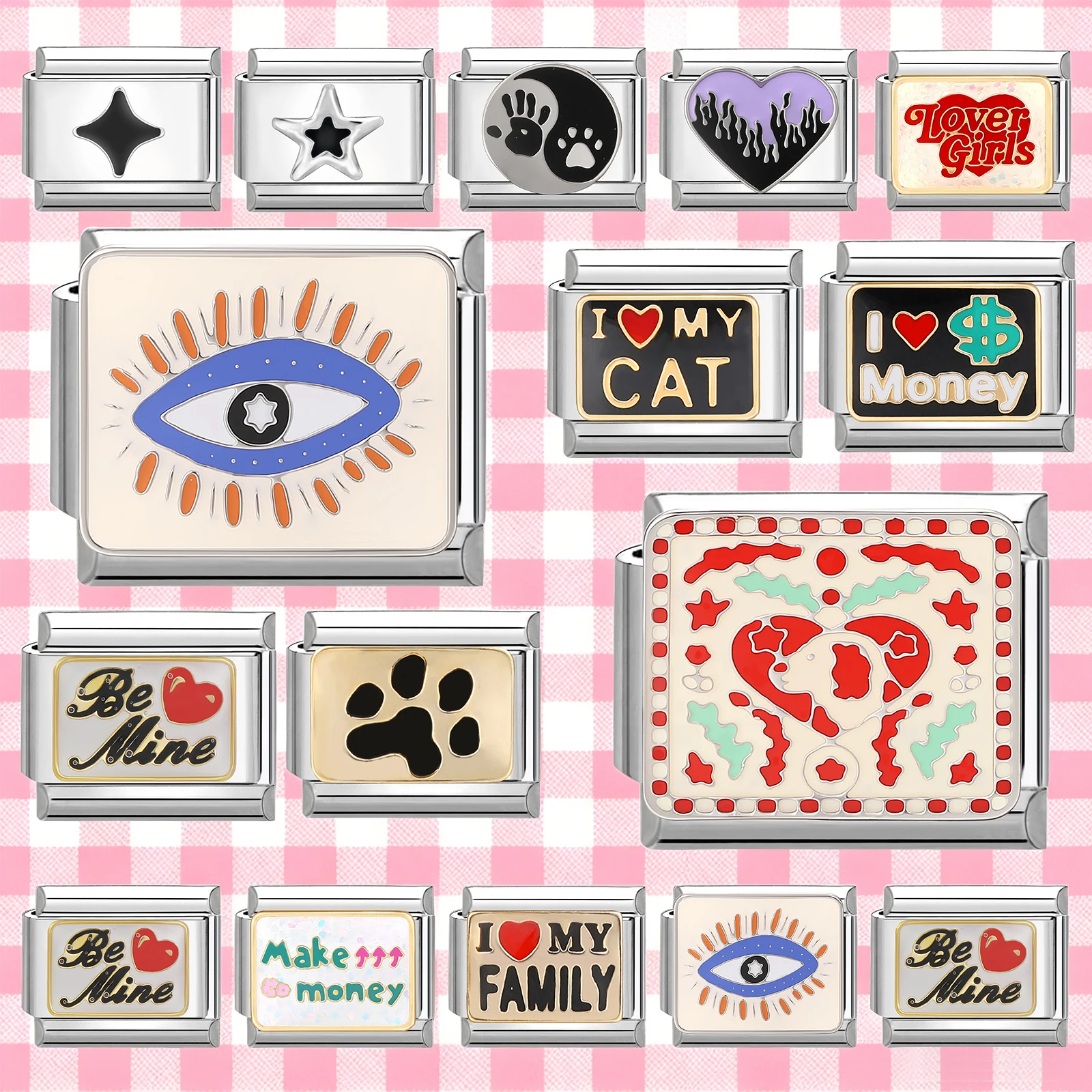 Creative Design I Love Cat Family Be Mine Checkered Heart Star Italian Charm Fit 9MM Stainless Steel Bracelet DIY Making Jewelry