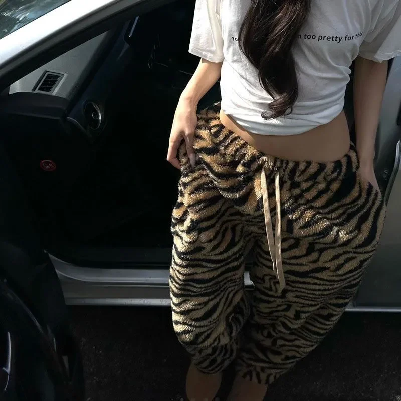 Samt hoch taillierte Hose mit weitem Bein für Damen, Leopardenmuster-Hose, faule Jogger, Damen-Freizeithose, Herbst und Winter, neue Streetwear