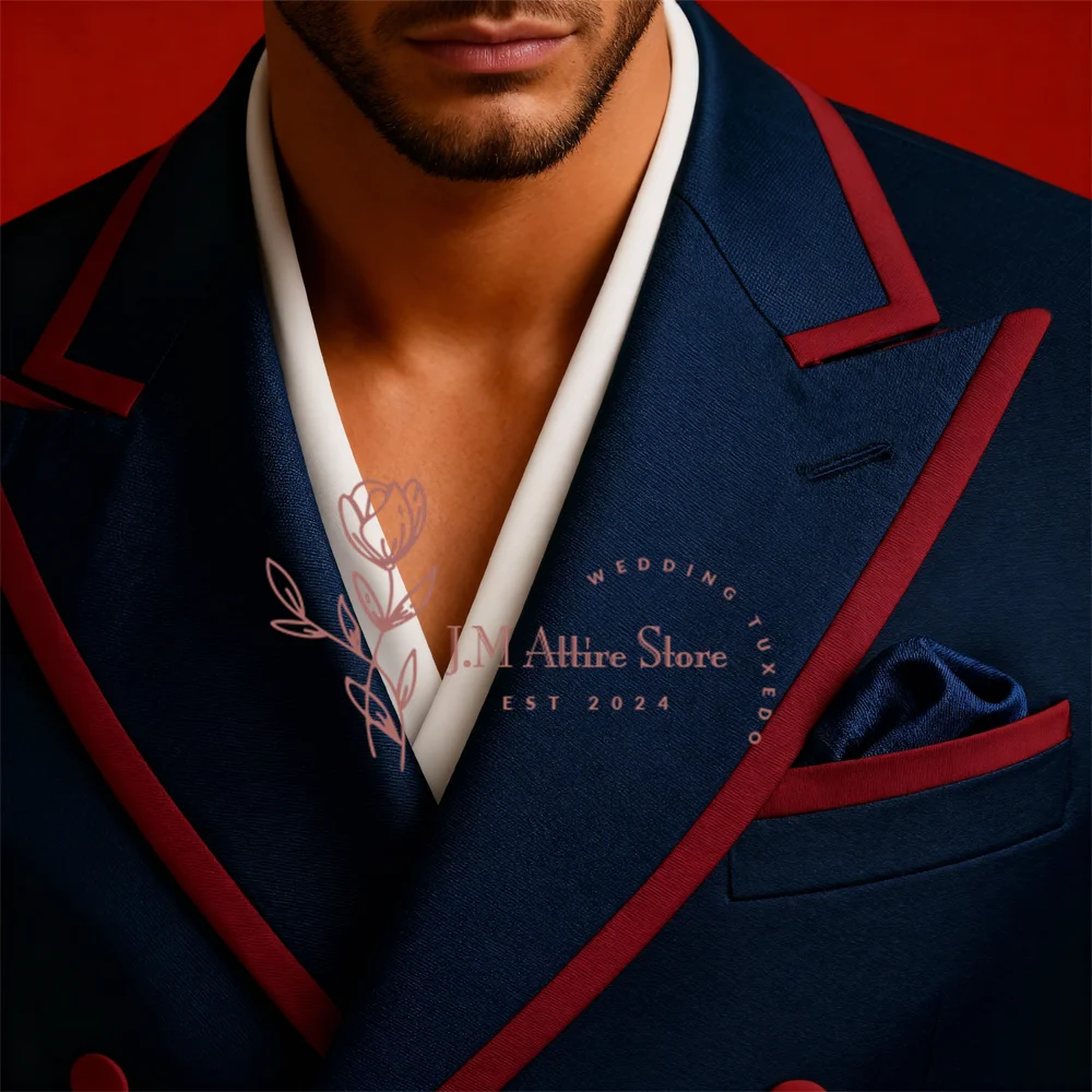 Men's Slim Fit Navy Double Breasted Blazer with Red Contrast Lapel 2pcs Set Bespoken Clothing For Wedding Banquet Prom Party