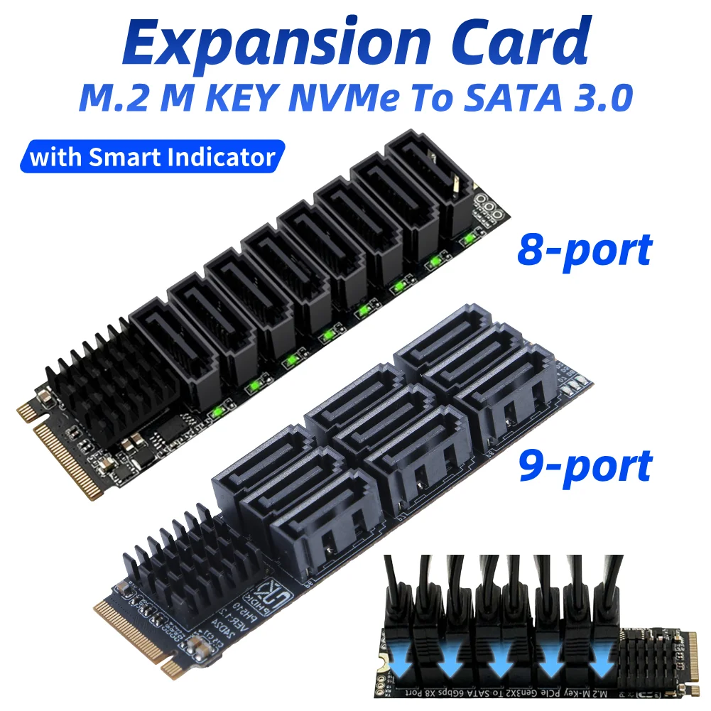 

Карта расширения M.2 NVMe на SATA 3.0, 6 Гбит/с, 8/9 портов, с интеллектуальным индикатором, поддерживает расширение сетевых хранилищ и подключение жестких дисков