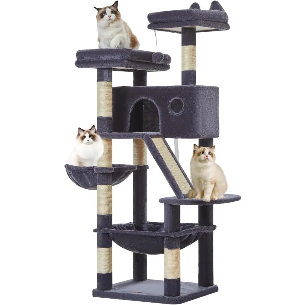 

Taoqimiao 57.5-Inch Cat Tree for Large Cats, Plush Multi-Level Cat Condo with 8 Scratching Posts, 2 Perches, Cave, Hammock, 2 Po