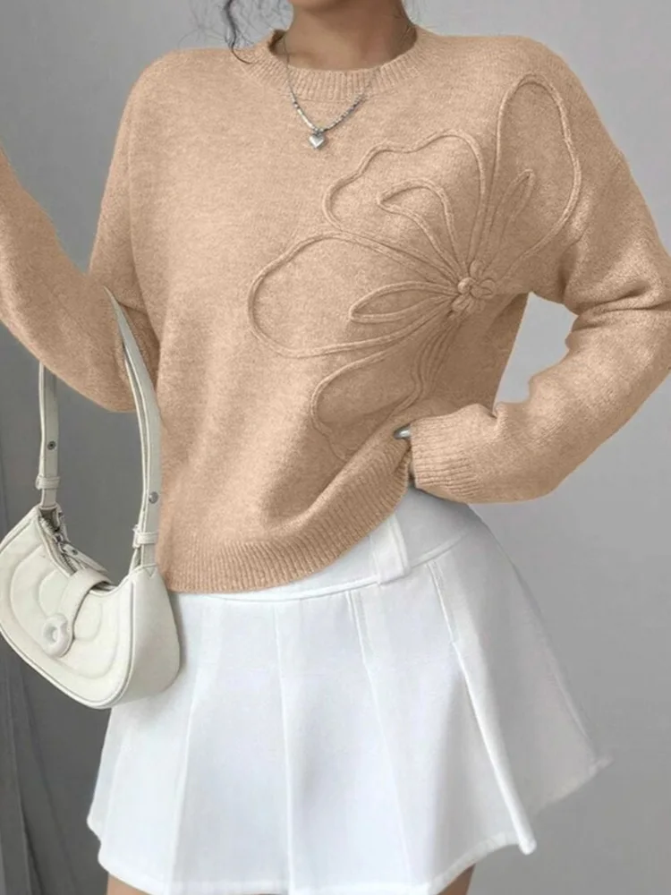 エレガントな花柄ネックセーター カジュアルで多用途なニットプルオーバー 柔らかく通気性のあるフェミニンなニットウェア スリムでクラシックな日常用ジャンパー