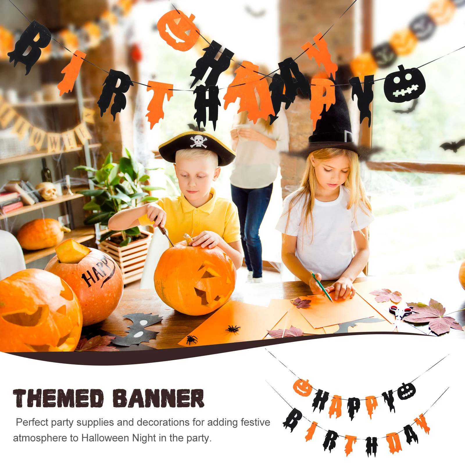 

Creative Halloween Themed Happy Birthday Banner Party Scene Layout Decor for Indoor Outdoor Hanging Perfect for Halloween