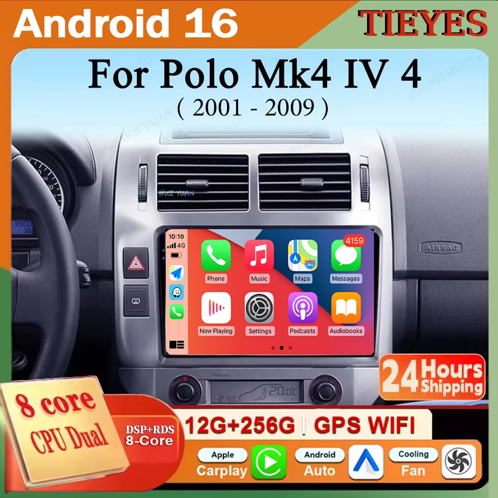 Android 16 For Volkswagen Polo Mk4 IV 4 2001 - 2009 Carplay Auto 2K Screen Car Radio Multimedia Player WIFI 4G DSP Autoradio Ste