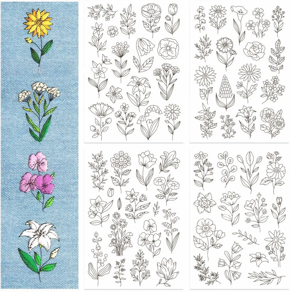 Wasserlösliche Stabilisator-Stickmuster, Stich- und Nähen-Sticktransferpapier-Set, Blumen- und Blumen-Gänseblümchen-Schmetterlings-Design