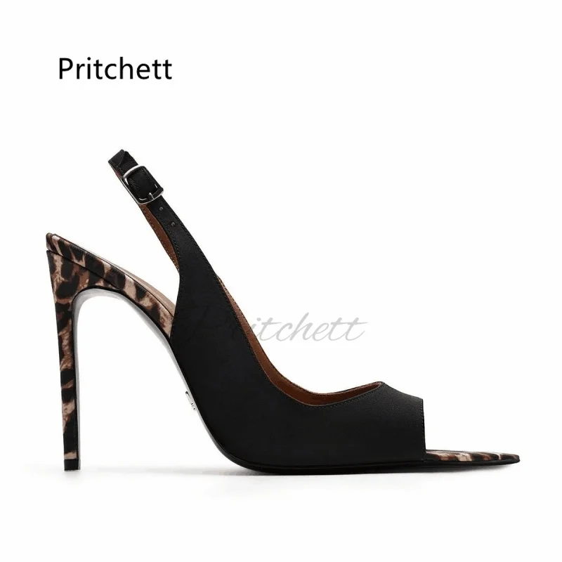 Pointy Peep Toe Leopard High Heels Sandals for Women Stiletto Back Strap Buckle Sexy Elegant Party Office Lady Shoes Summer