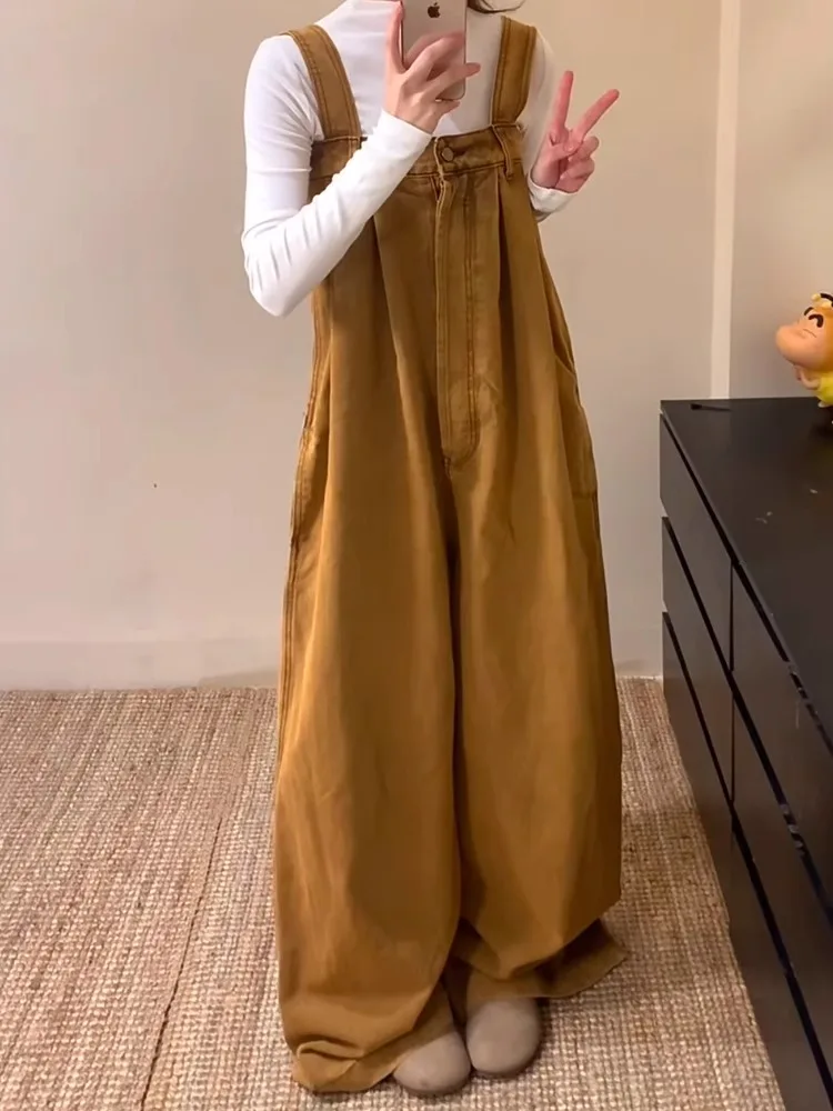 

Свободные джинсовые комбинезоны в американском стиле ретро, женские весенние новые свободные тонкие повседневные универсальные комбинезоны с высокой талией и широкими штанинами...