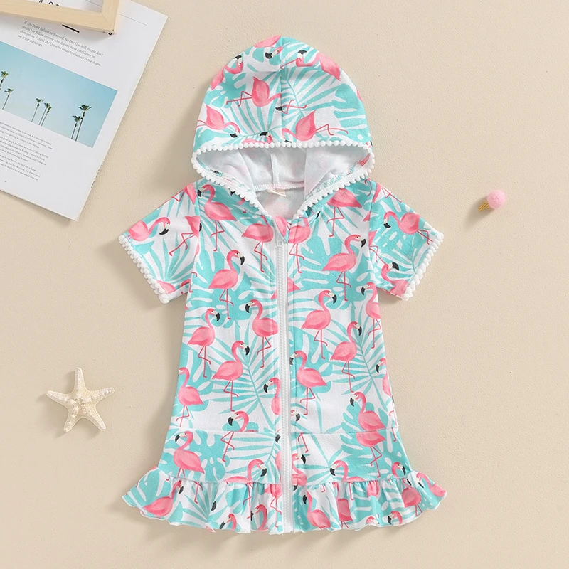 

Kids Girl Beach Dress Short Sleeve Hooded Zipper Closure Watermelon Flamingo Ice Cream Print Summer Dress Swimwear