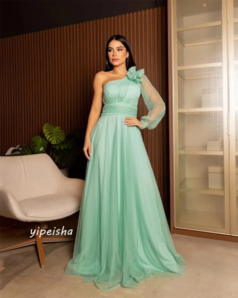 Jersey Draped Pleat Ruched Formal Evening A-line One-shoulder Bespoke Occasion Gown Long Dresses