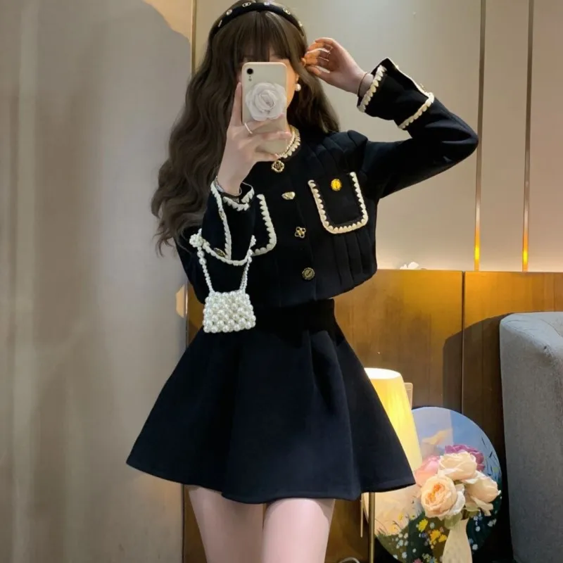 Autumn New Elegant Two-Piece Skirt Sets Women Korean Fashion Chic Crop Jacket Coat Solid Mini Skirt Female Clothing Y2K Outfits