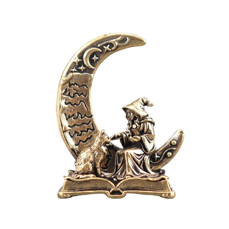 Brass Crescent Moon Witch Cat Statue Retro Gothic Mini Figurine Book Base Decor Ornament for Desktop Altar Bedroom Mystical