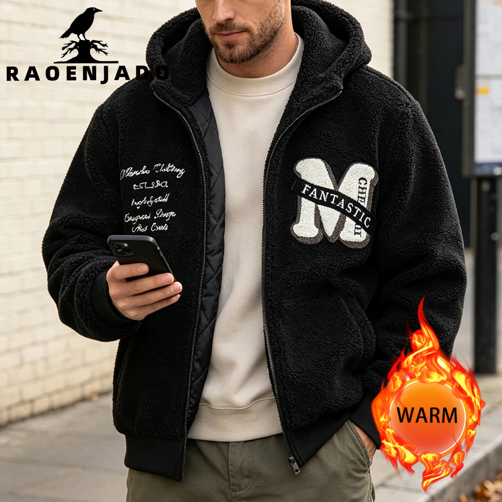 Men's Casual Fleece Jacket Thick Thermal Hooded Zipper Coat Winter Vintage Outerwear with Stretch Cuffs and Fine Embroidery