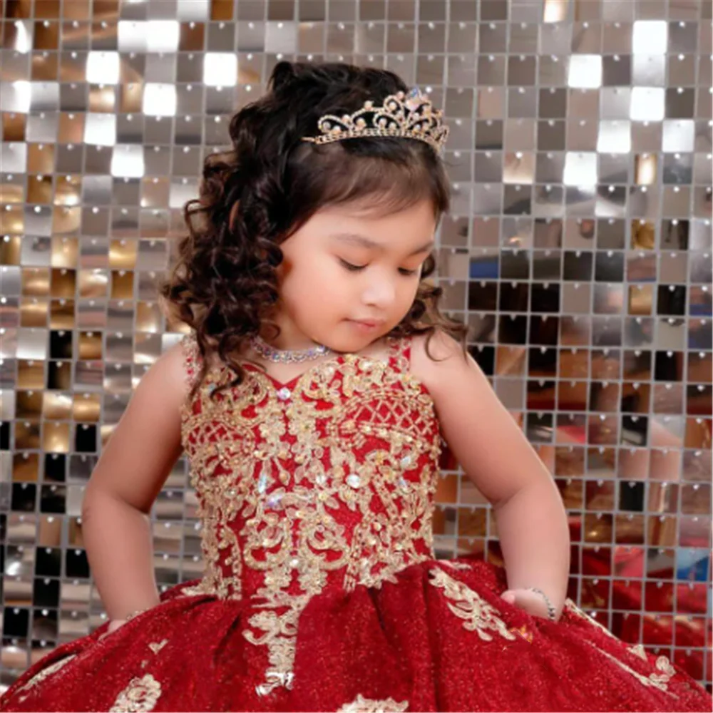 Luxury Red Sequined Ball Gown Toddler Little Girls Pageant Prom Dress for Kid Flower Girl Party Gowns Birthday Wear