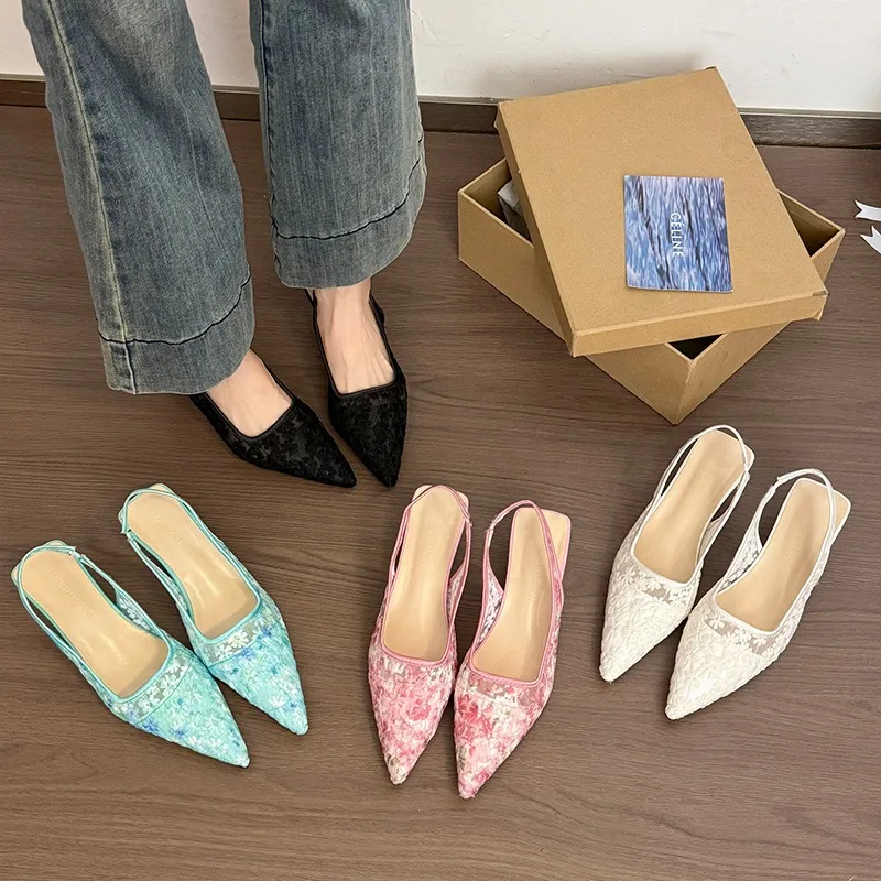 

2026 Summer New Fashion High Heel sandals Women Pointed Toe closed toe Sandals Elegant Lace breathable thin heel lady shoes