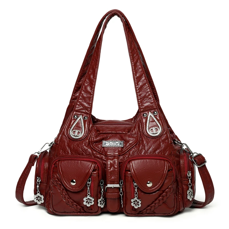 

Retro Boho Women Shoulder Bag Woven Rhinestone Multi Pocket Handbag Large Capacity Distressed PU Crossbody Bag for Daily Use