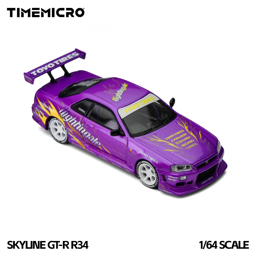*Preordine*TimeMicro1:64 Skyline GT-R R34 Modello di auto in lega di simulazione viola fiamma alla deriva per hobby, oggetti da collezione e display