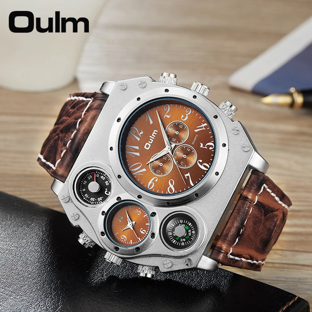 Oulm Unique Designer Brand Male Sports Watch Multiple Time Zone Quartz Watches Big Dial Casual Wristwatch Mens Military Watch