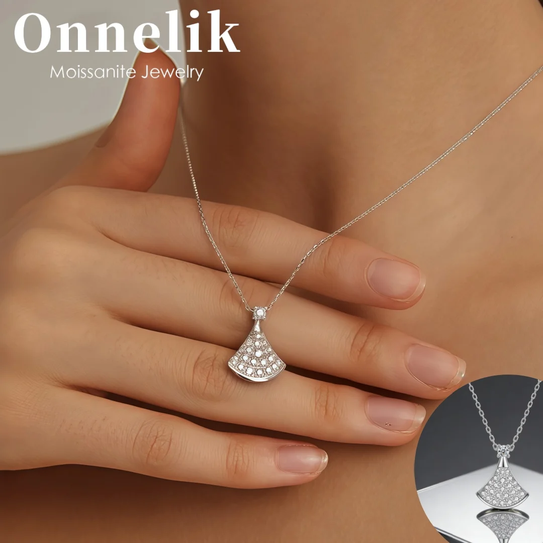 

Onnelik S925 Sterling Silver Fan Shape Design Moissanite Necklace Full Light Luxury Dainty Collarbone Chain for Women's Unique
