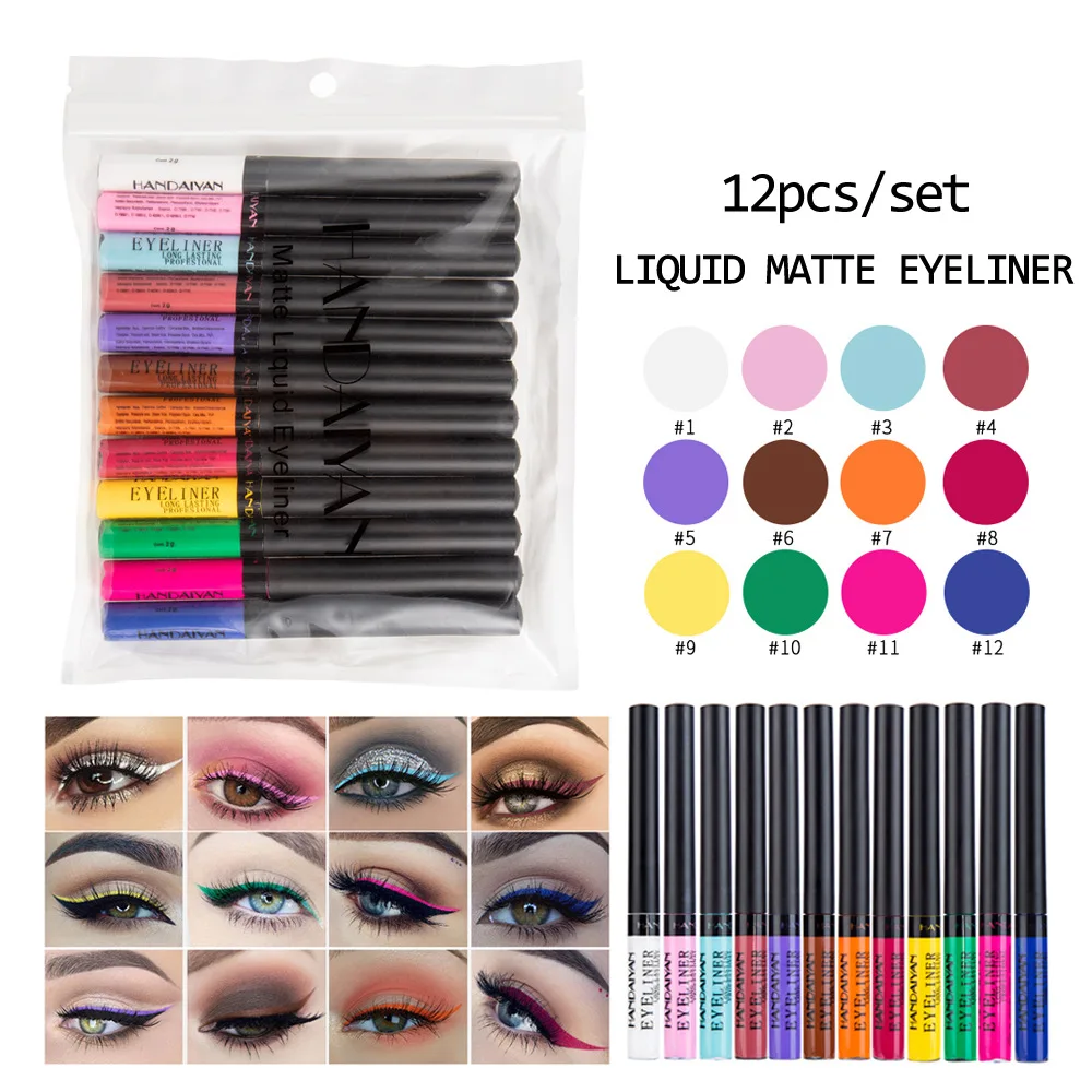 Matte Liquid Eyeliner Pencil Set 12 Colors Waterproof Long Lasting Smudge Proof Eyeshadow and Aegyosal Pen Daily Essential