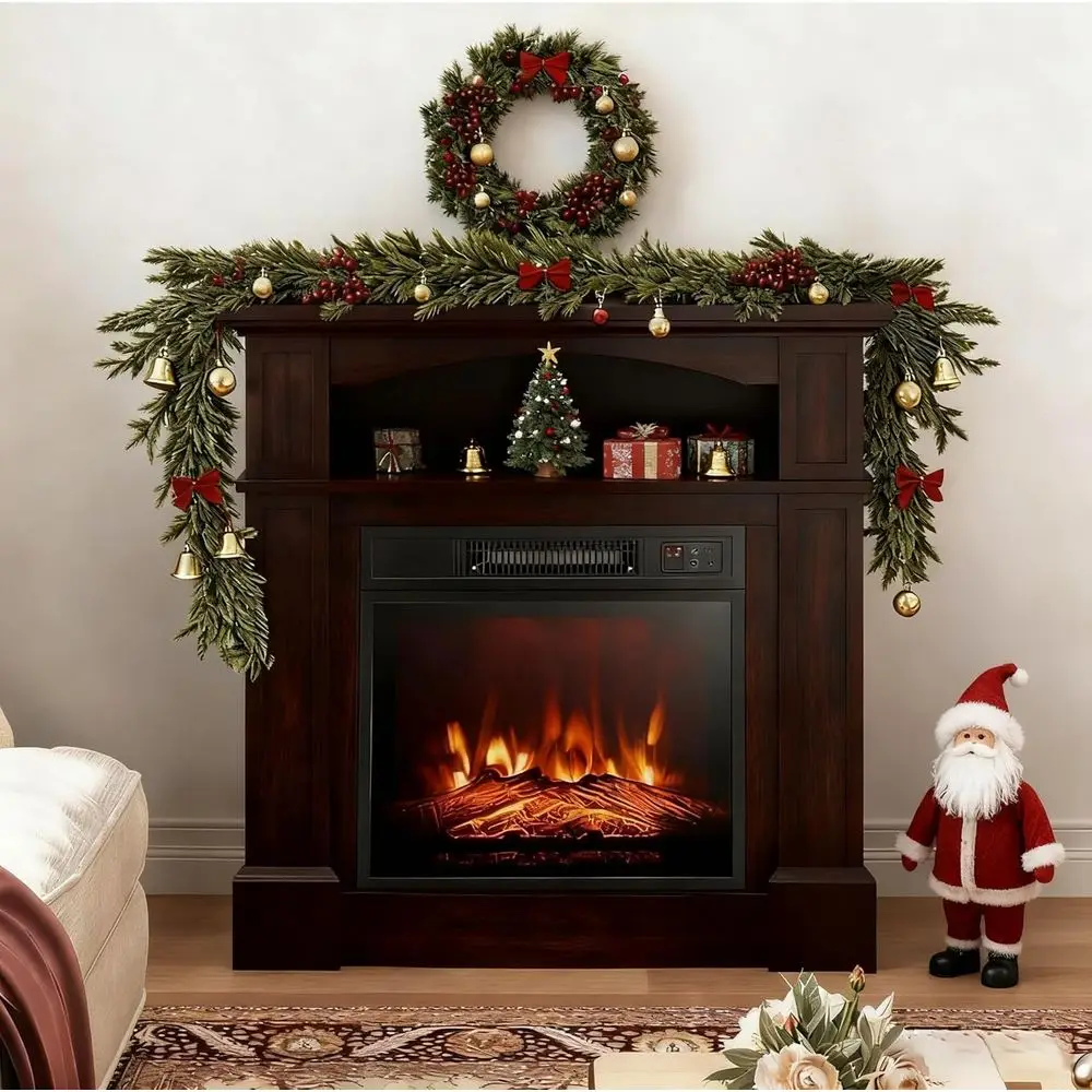 

31.5 Brown Electric Fireplace with Mantel, 3 Flame Settings, Remote, 6H Timer, Overheat Safeguard, 1400W for Living Room