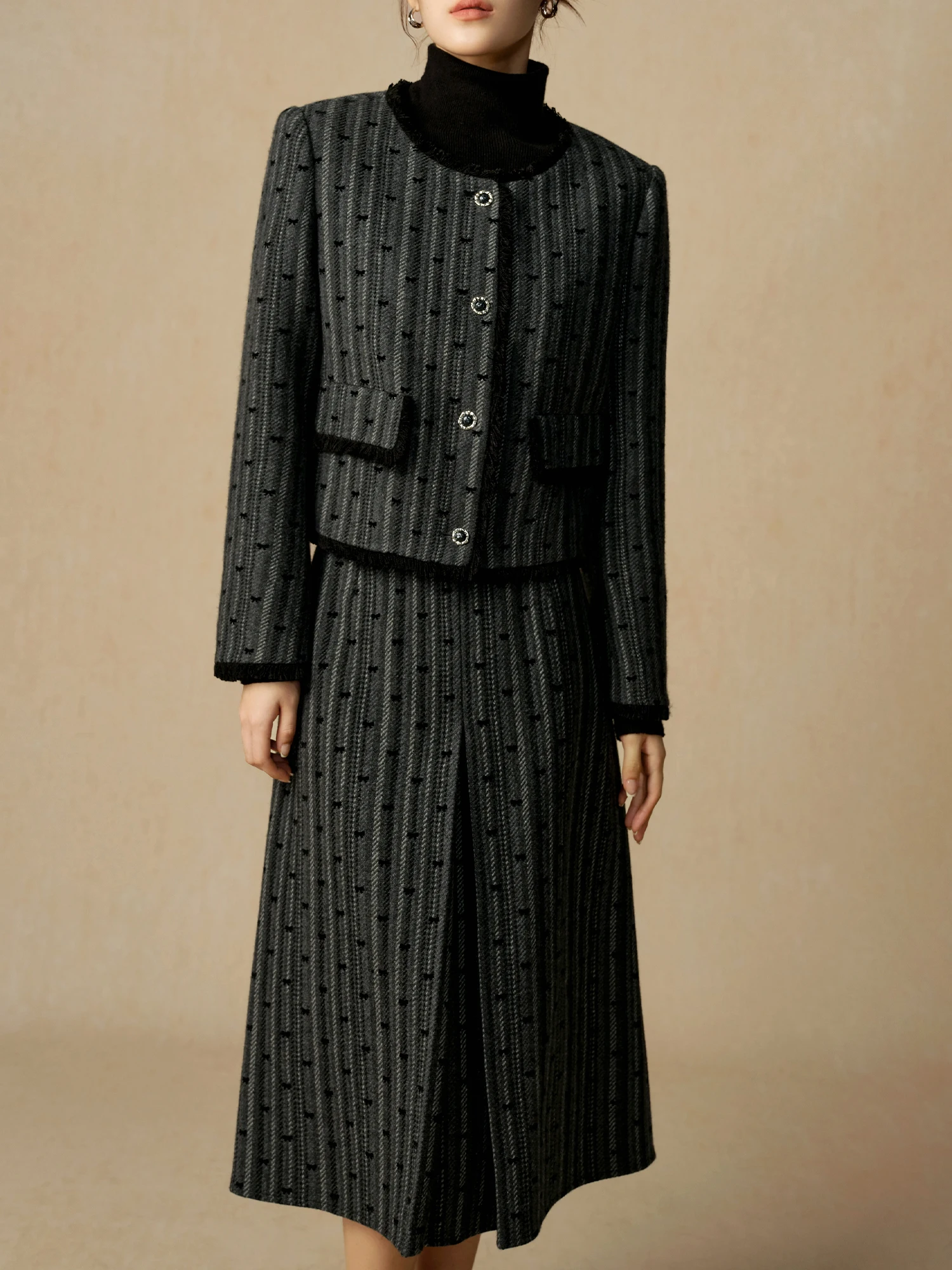 DUSHU Women 46.3% Wool Female Tweed Coat Sets Zipper Waist Women Winter Thicken Long A-LINE Pleated Skirt 24DS84503+24DS84542