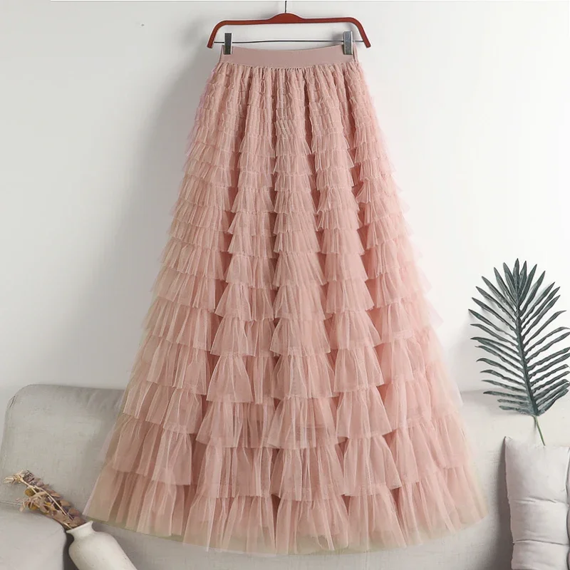 Tutu Tulle Long Skirt Women Fashion 2024 Korean Cute Pink High Waist Pleated Skirt Mesh Female Lady Aesthetic Faldas 85cm