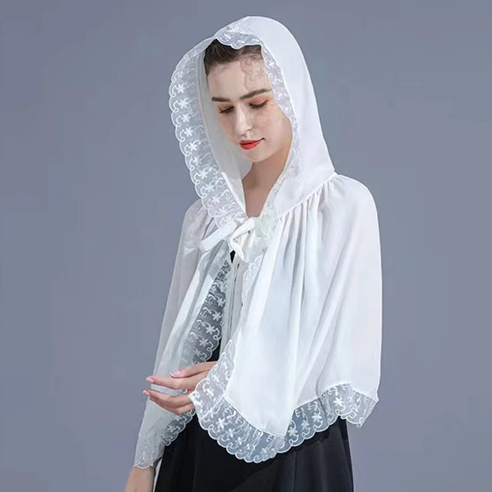 New Woman Lace Trim Sheer Shawl For Wedding Church Summer Travel Body Cool Breathable Shawl With Hoodie Scarf Poncho