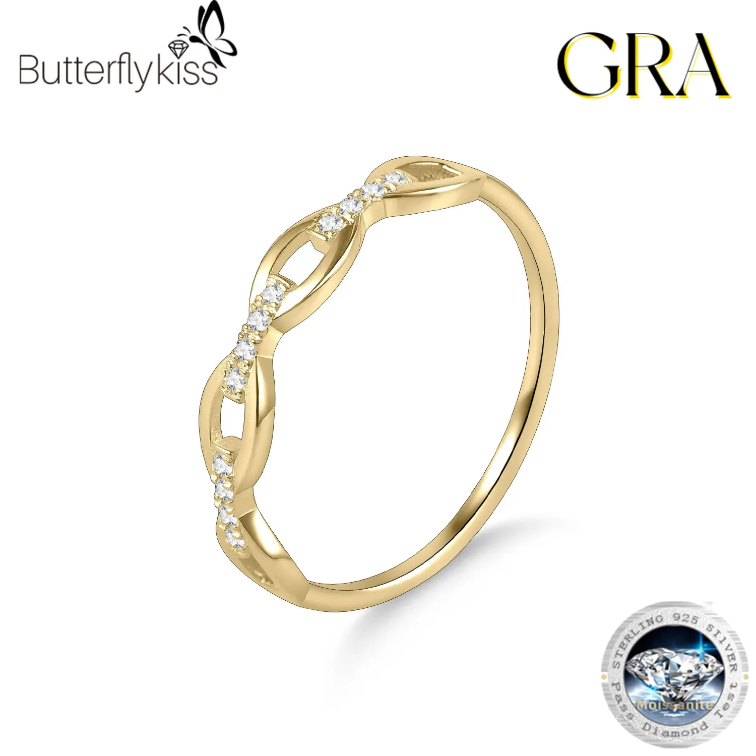 Butterflykiss Luxury Moissanite D Color Love Rope Infinity 925 Sterling Silver Stackable Band Rings For Woman Yellow Gold Plated