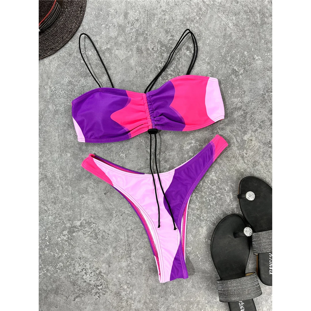 Bunter, geraffter Bikini mit Schnürung, Damen-Badeanzug, zweiteiliges Bikini-Set, hoch geschnittener Badeanzug, Badebekleidung, Modell V3770. – Detail 10