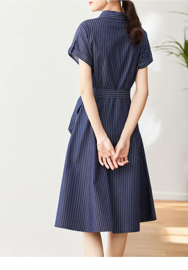 Vimly Simple Striped Cotton Lyoceel Blended Shirt Dresses for Women 2023 Summer Female Lapel Tie Waist Short Sleeve Midi Dress