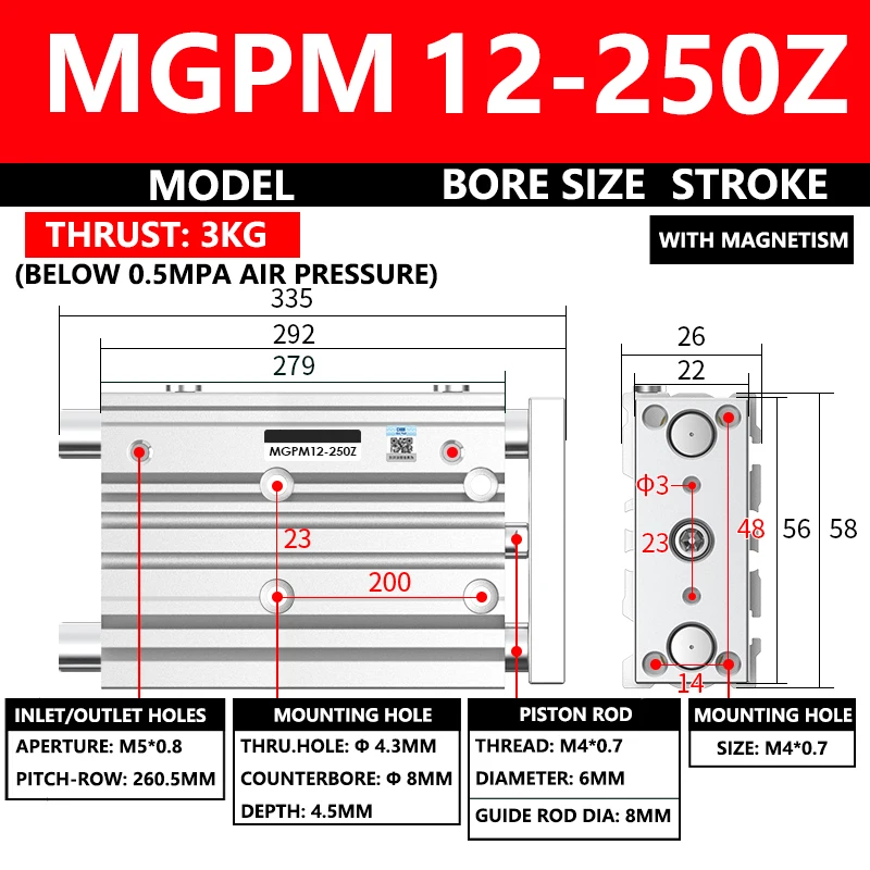 

ABILKEEN MGPM Series Pneumatic Compact Guide Cylinder MGPM12-250Z 12MM Bore X 250MM Stroke Three Axis Three Rod Air Cylinder