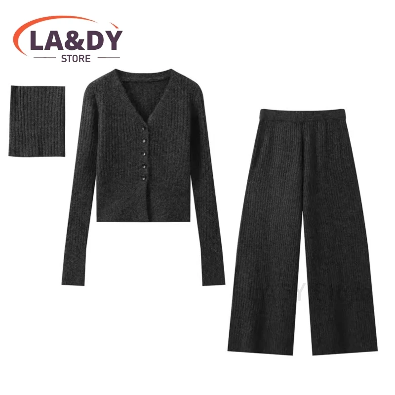 Set Woman 2024 Fashion V-Neck Long Sleeves Knit Cardigan + Neckerchief Solid High Waist Casual Pants Three Piece Suit Female