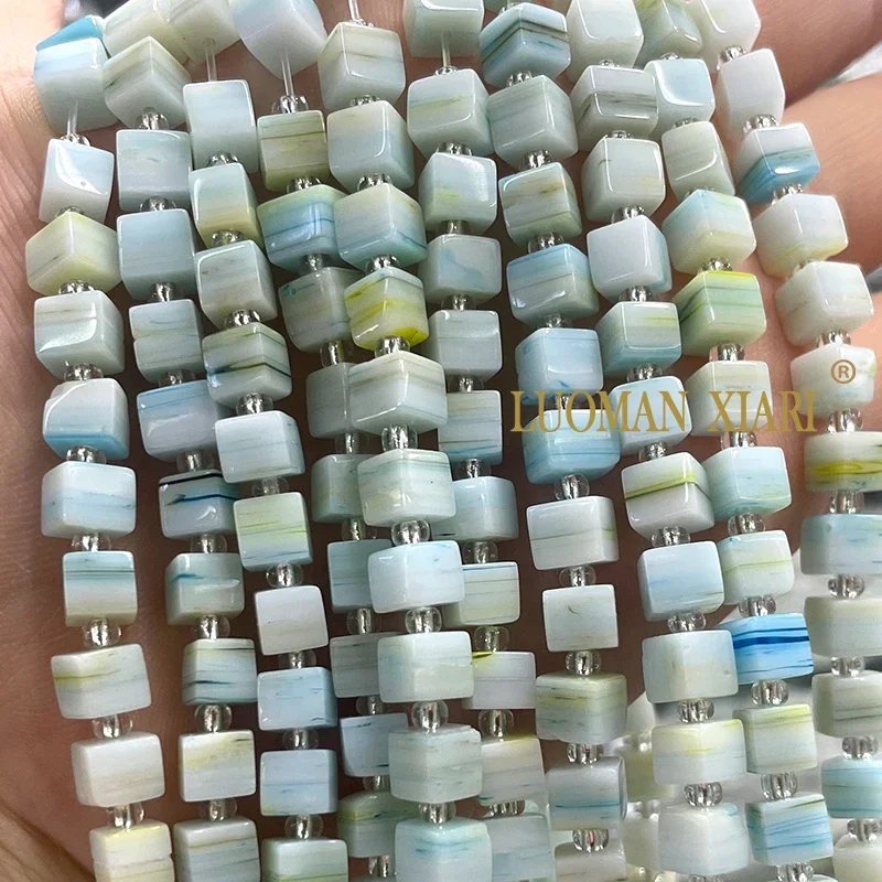 6x6mm Square Light Blue Nepal Style Handmade Glass Glazed Print Lampwork Spacer Bead for Jewelry Making Diy Bracelet Accessories